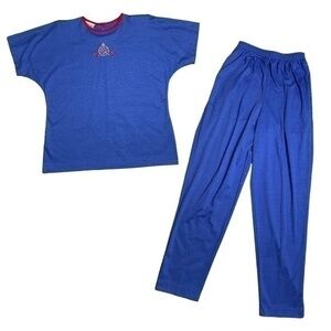 Vintage 80s Barbara Gerwit Top and Bottom Set Blue SOS Embroidered Short Sleeve